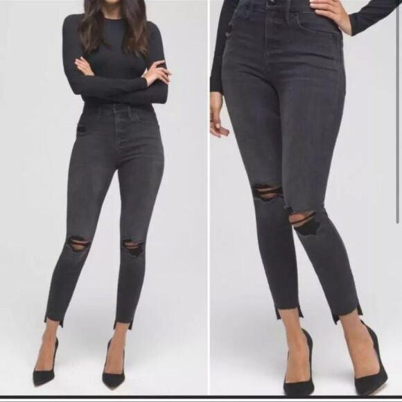 Good American Sz 4/27 Good Waist Crop Raw Step Hem High Rise Stretch Black Jean‎ - Picture 1 of 14